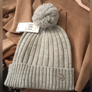 Michael Kors Light Gray Ribbed Beanie with Pom